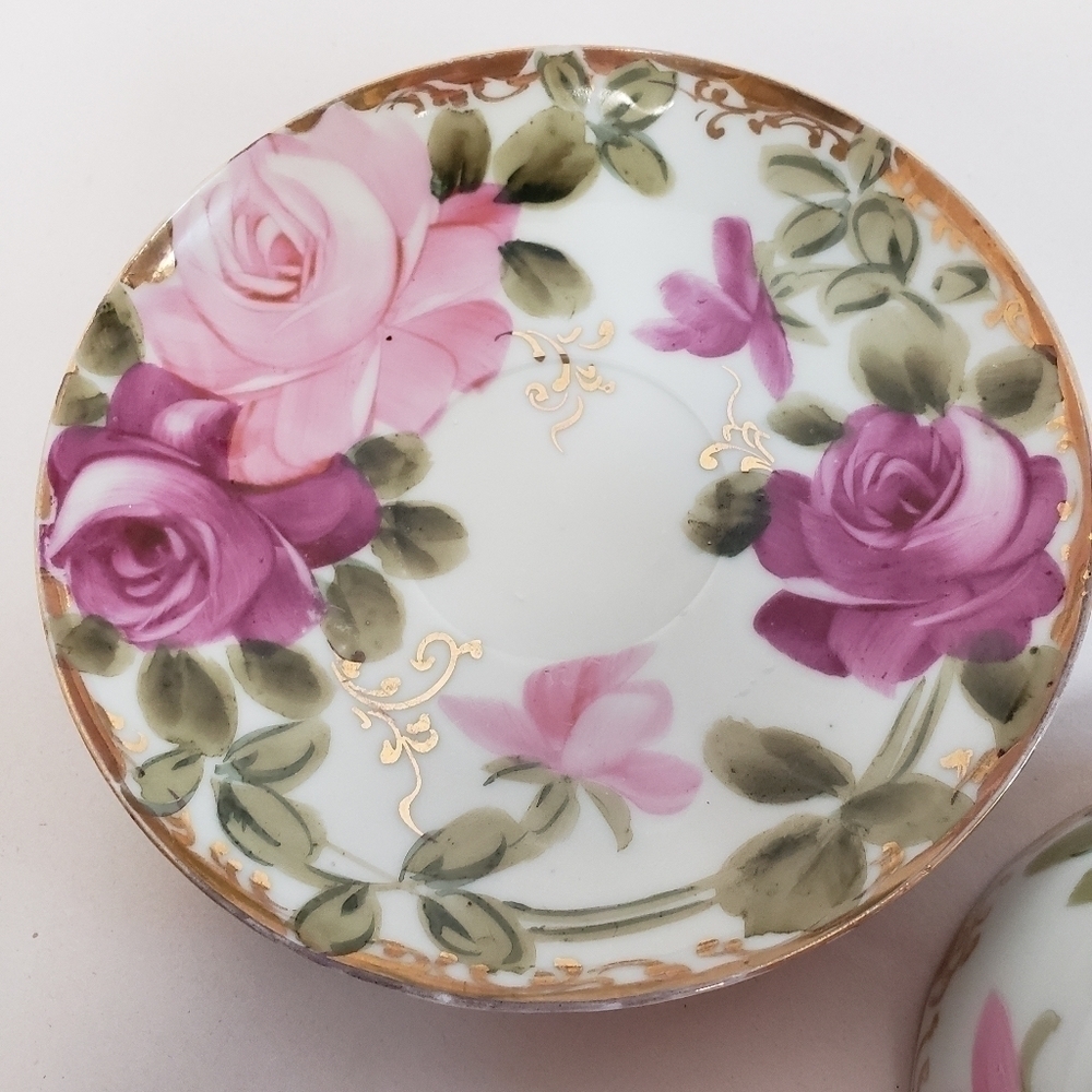 𝅺handpainted Nippon Cabbage Roses Gold Trim Tea Cup and Saucer Pink Purple - Picture 5 of 6